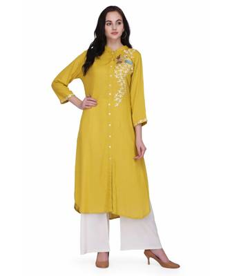 Mustared Yellow Rayon stitched     printed  Kurti 1
