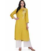 Mustared Yellow Rayon stitched     printed  Kurti
