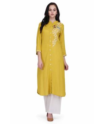 Mustared Yellow Rayon stitched     printed  Kurti 2