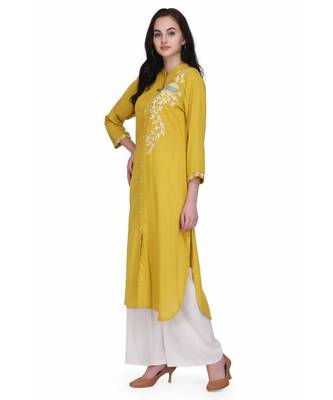 Mustared Yellow Rayon stitched     printed  Kurti 3