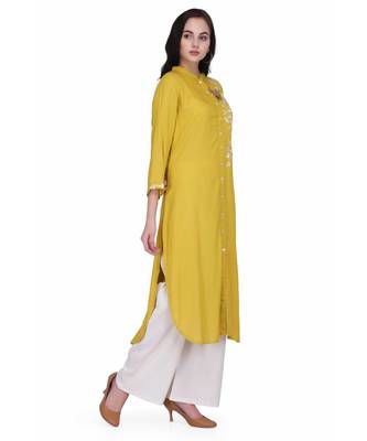 Mustared Yellow Rayon stitched     printed  Kurti 4