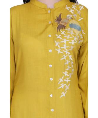 Mustared Yellow Rayon stitched     printed  Kurti 5