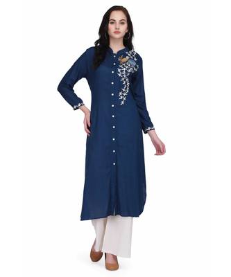 Blue Rayon stitched     embroidered   Kurti 1
