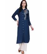 Blue Rayon stitched     embroidered   Kurti