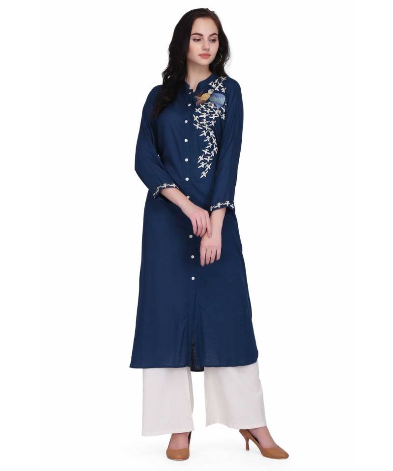 Blue Rayon stitched     embroidered   Kurti