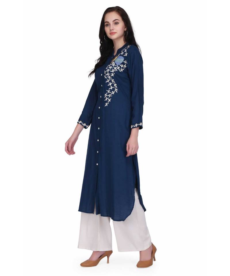 Blue Rayon stitched     embroidered   Kurti