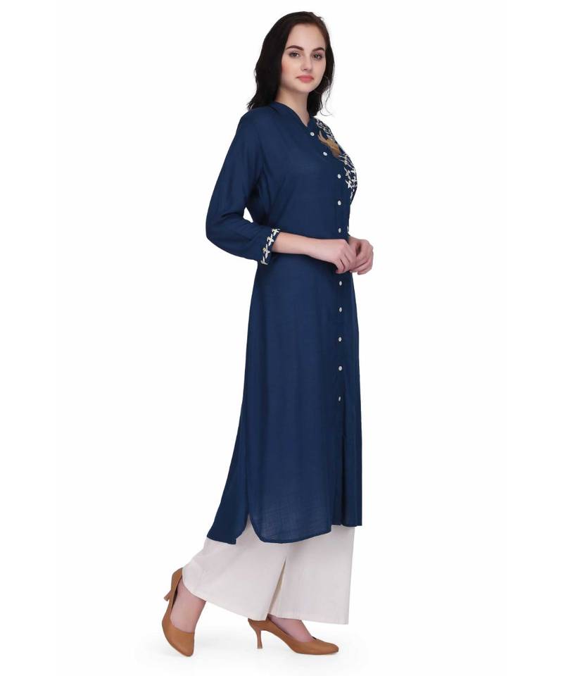 Blue Rayon stitched     embroidered   Kurti
