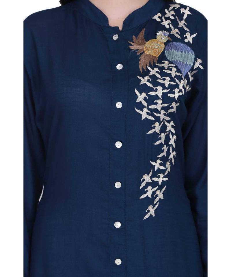 Blue Rayon stitched     embroidered   Kurti