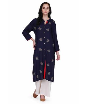 Royal Blue Rayon stitched     embroidered   Kurti 1