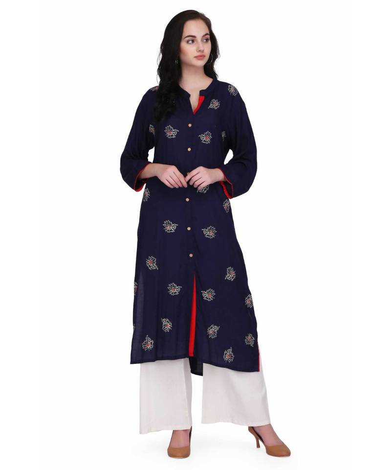 Royal Blue Rayon stitched     embroidered   Kurti