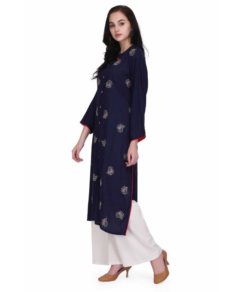 Royal Blue Rayon stitched     embroidered   Kurti