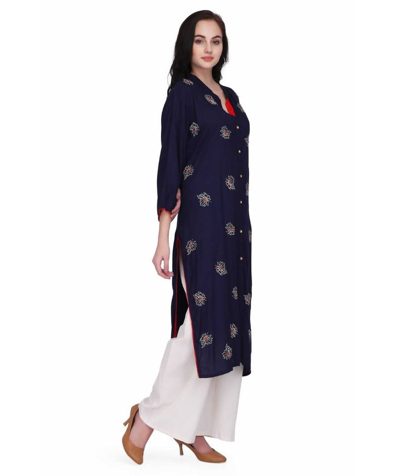 Royal Blue Rayon stitched     embroidered   Kurti