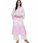 White & Pink Rayon stitched     embroidered   Kurti