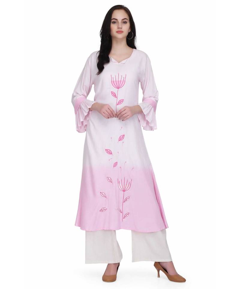 White & Pink Rayon stitched     embroidered   Kurti