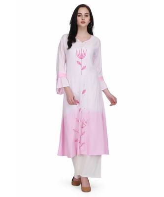 White & Pink Rayon stitched     embroidered   Kurti 2