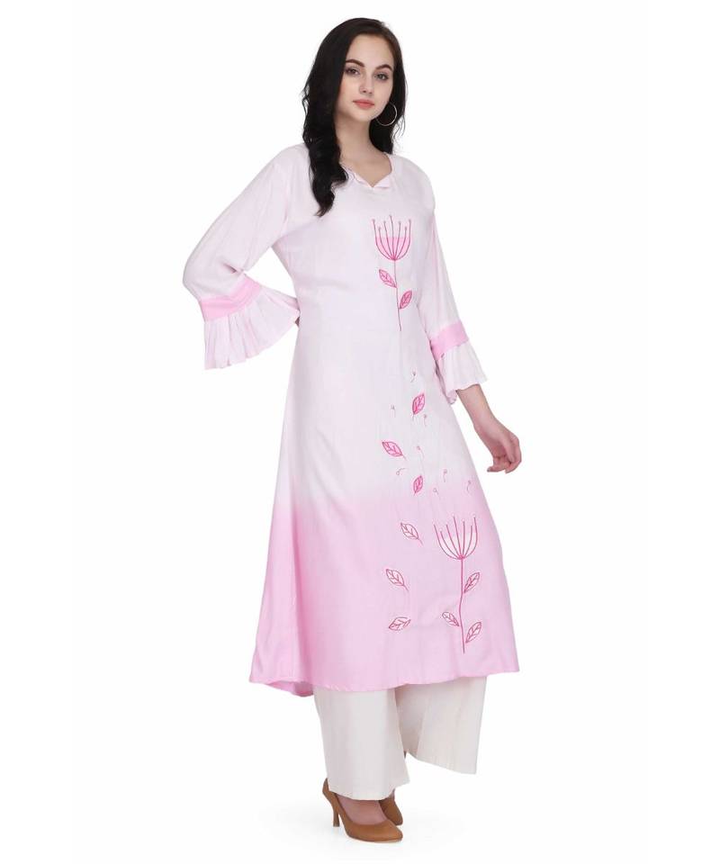 White & Pink Rayon stitched     embroidered   Kurti