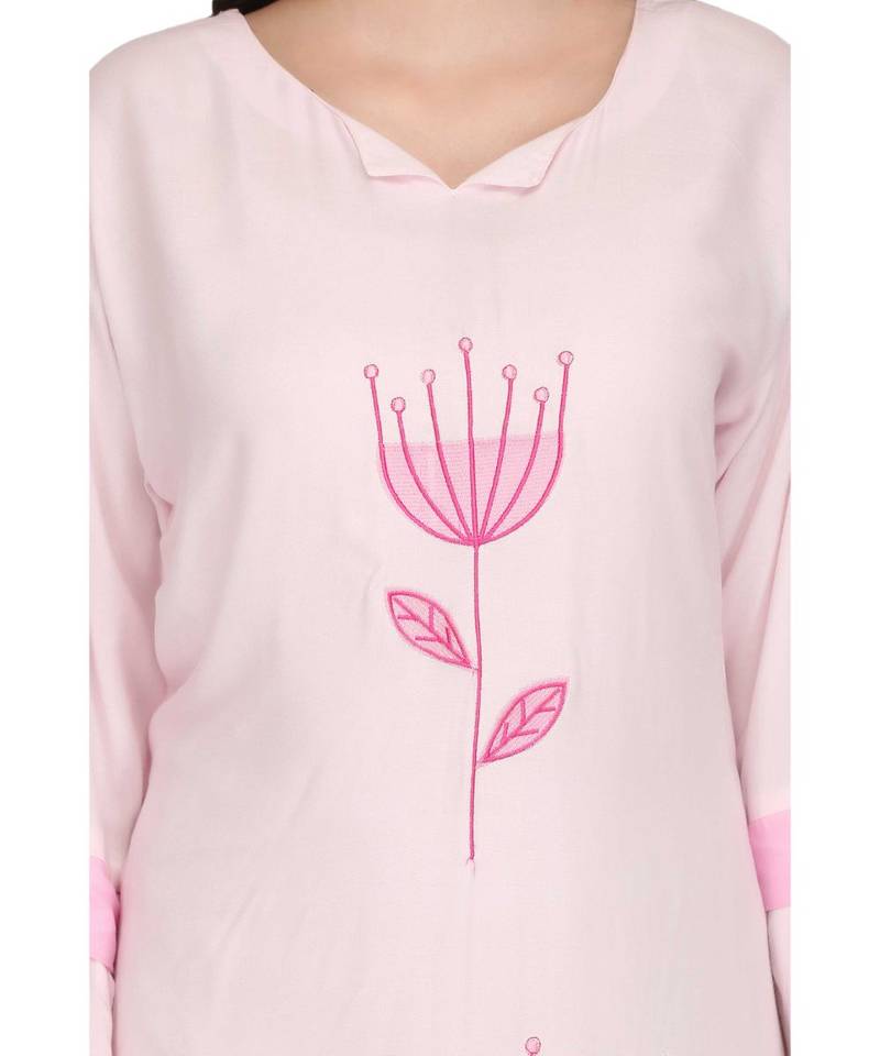 White & Pink Rayon stitched     embroidered   Kurti