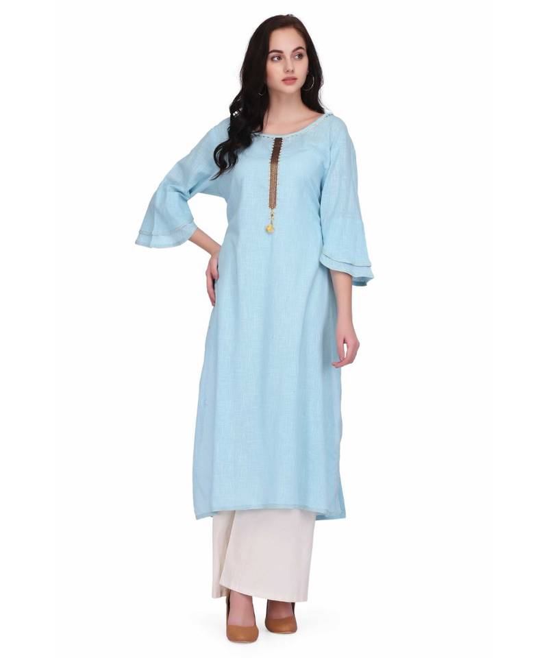 Blue Cotton stitched     printed  Kurti