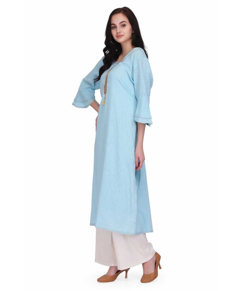 Blue Cotton stitched     printed  Kurti