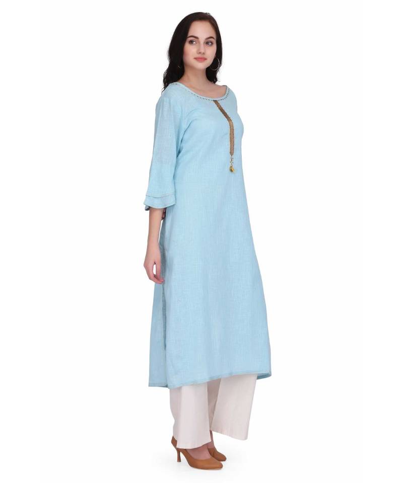 Blue Cotton stitched     printed  Kurti