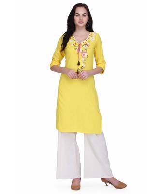 Yellow Rayon stitched     printed  Kurti 1