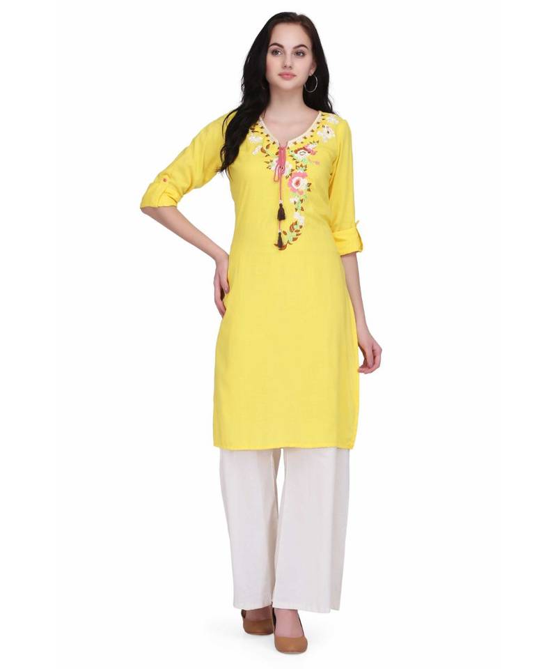Yellow Rayon stitched     printed  Kurti