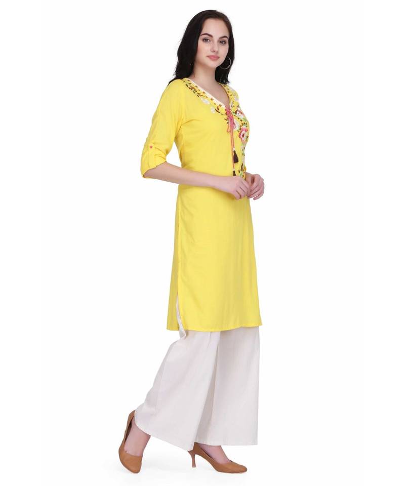 Yellow Rayon stitched     printed  Kurti