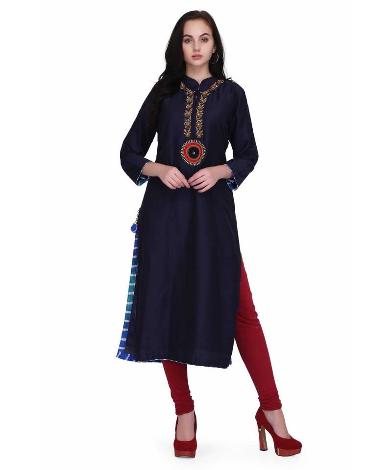 Blue Rayon stitched     embroidered   Kurti