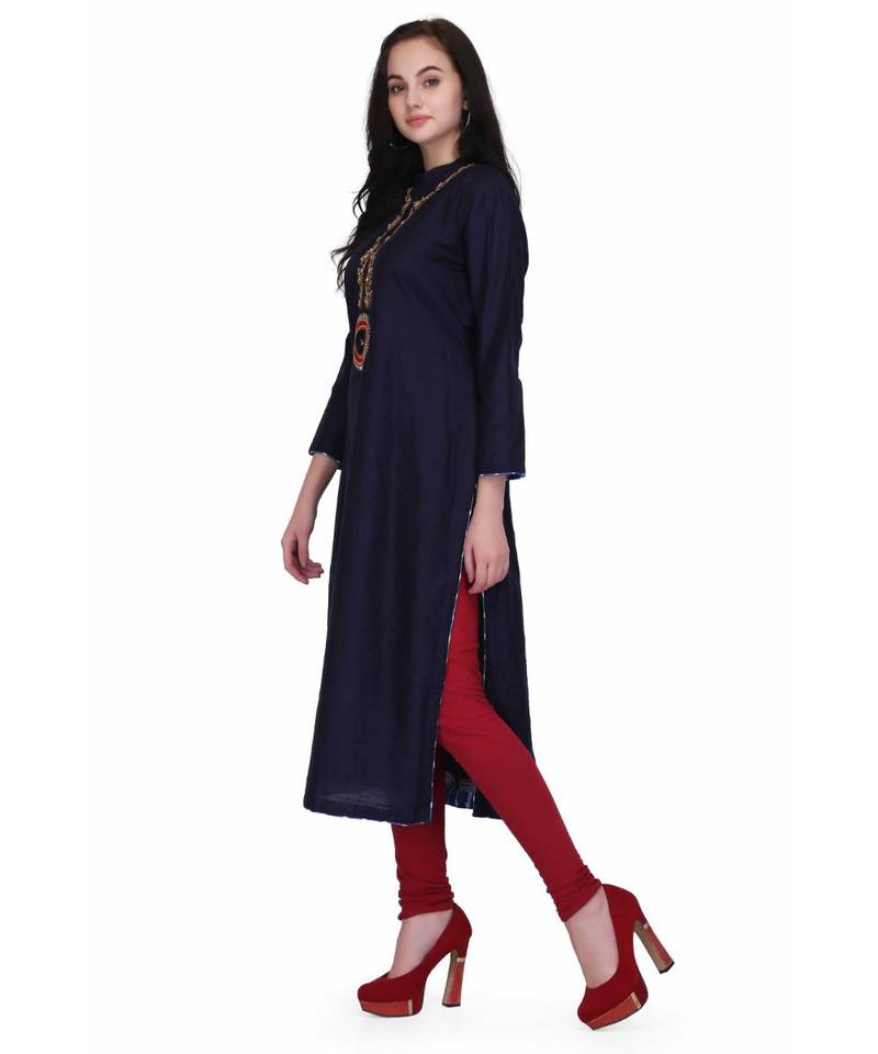 Blue Rayon stitched     embroidered   Kurti