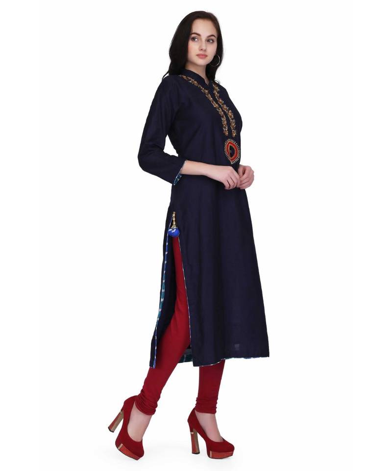 Blue Rayon stitched     embroidered   Kurti