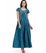 Teal Blue Taffeta Silk stitched     printed  Kurti