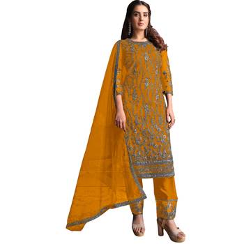 mustard net semi stitched embroidered top & bottom with dupatta 1