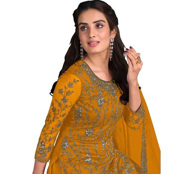 mustard net semi stitched embroidered top & bottom with dupatta 2