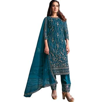 teal net semi stitched embroidered top & bottom with dupatta 1