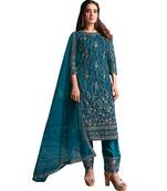 teal net semi stitched embroidered top & bottom with dupatta