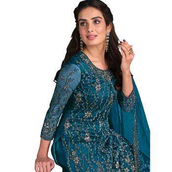 teal net semi stitched embroidered top & bottom with dupatta 2