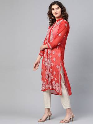 Red woven georgette chikankari-kurtis 3