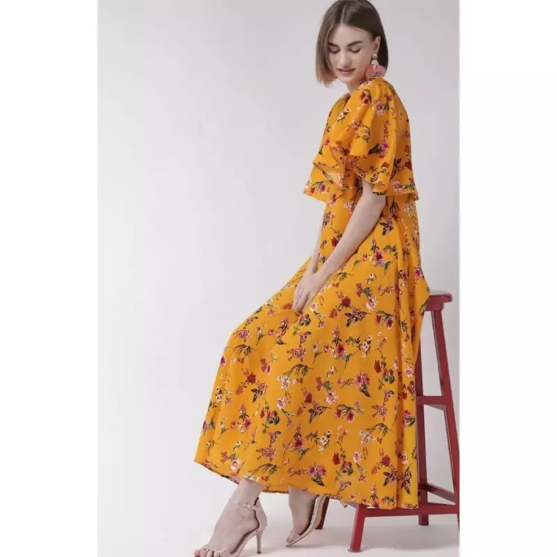 Yellow printed cotton kurtas-and-kurtis