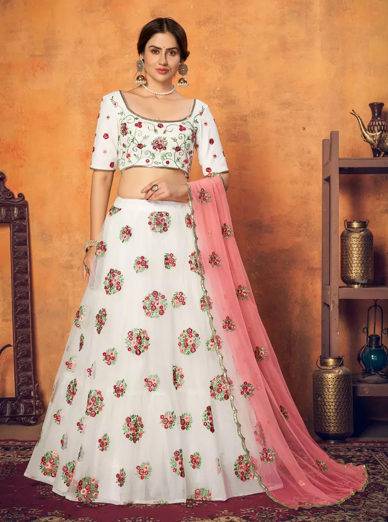 White thread with sequins embroidered net semi stitched party lehenga