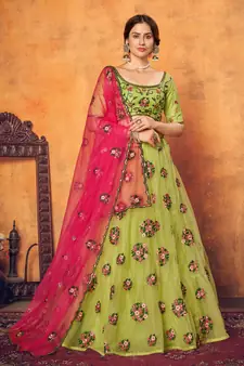 Florence green thread with sequins embroidered net semi stitched wedding lehenga