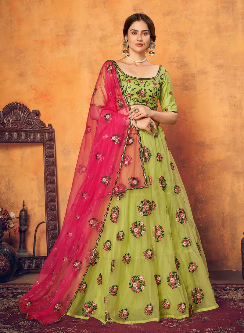 Florence green thread with sequins embroidered net semi stitched wedding lehenga