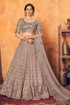 Dusty Rose Pink thread with sequins embroidered net semi stitched party lehenga