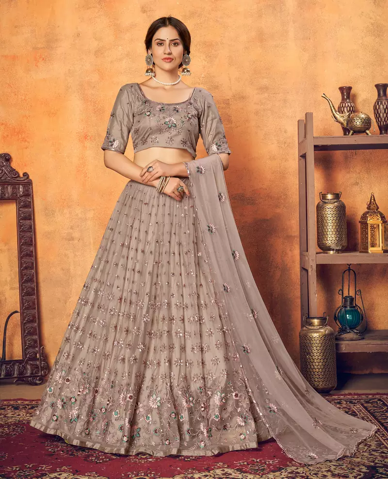 Dusty Rose Pink thread with sequins embroidered net semi stitched party lehenga