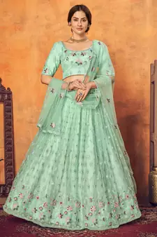Mint green thread with sequins embroidered net semi stitched wedding lehenga