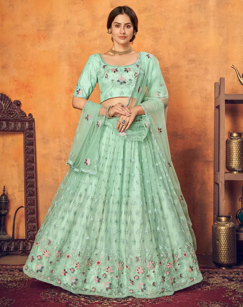 Mint green thread with sequins embroidered net semi stitched wedding lehenga