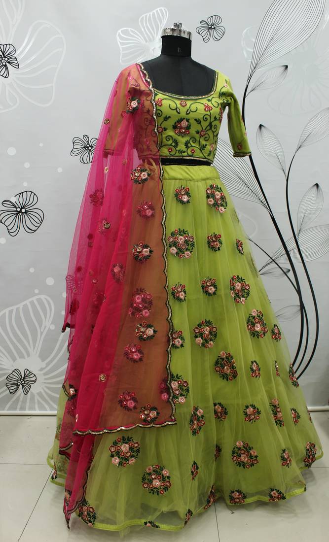 lovable Florence green thread with sequins embroidered net semi stitched wedding lehenga