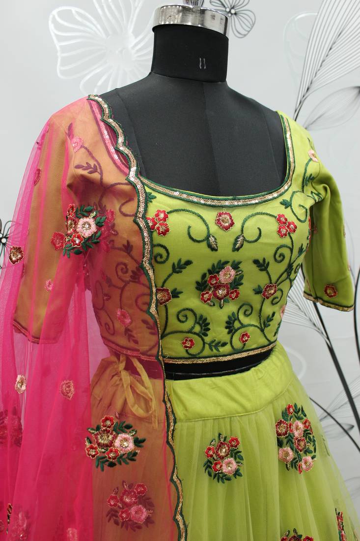 lovable Florence green thread with sequins embroidered net semi stitched wedding lehenga
