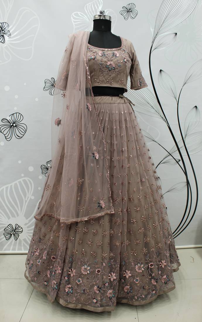Dusty Rose Pink thread with sequins embroidered net semi stitched party lehenga