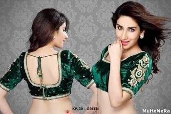 Limited Edition Green Micro Velvet Blouse With Zari Embroidery And Moti Work Hem Kp30 Green 1