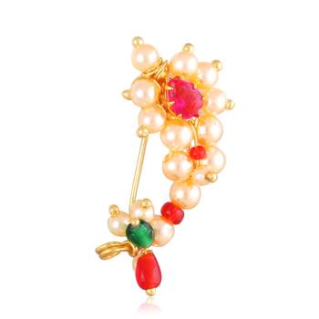 Maharashtrian culture Nath Oxidised Gold with Artificial stone and beads and Pearls Alloy Mini Nose Ring 1